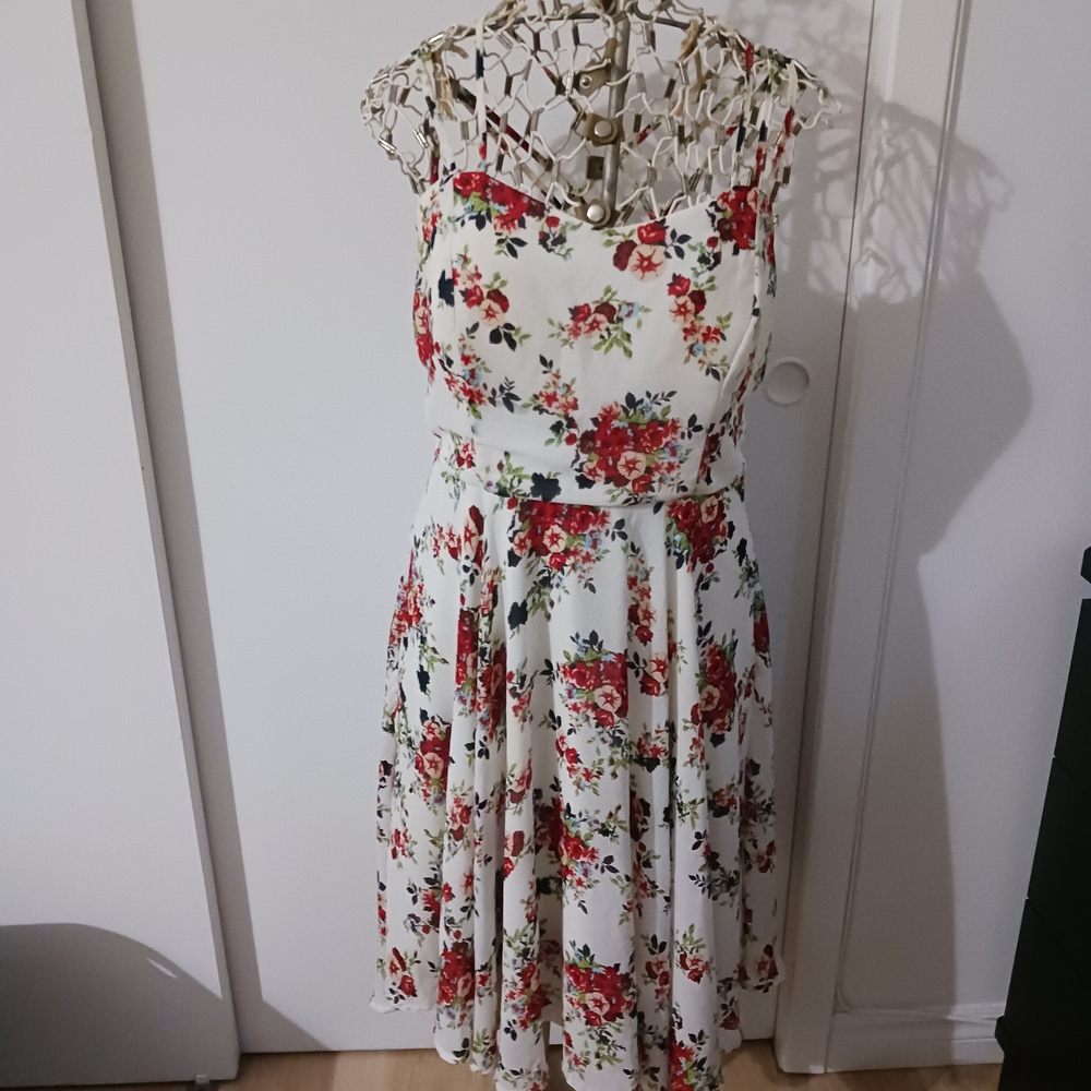 Floral Sweetheart Mini Dress in White with Red Rose Print